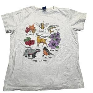 Wisconsin Nature Graphic T Shirt Women XL Bee Deer Badger Robin Floral Tee White